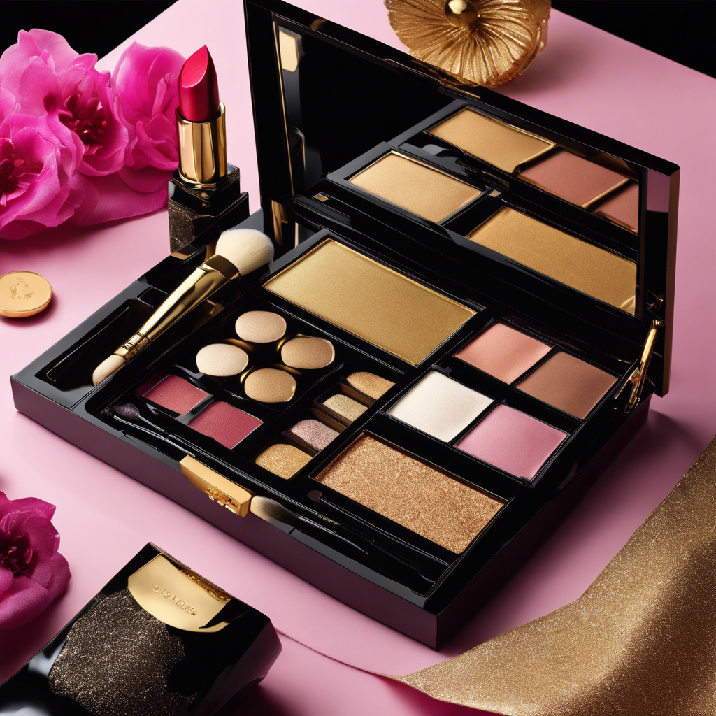 An image showcasing an elegant vanity table adorned with luxurious high-end beauty products: a gleaming gold compact, a plush makeup brush, a radiant highlighter palette, and a velvety lipstick in a captivating shade
