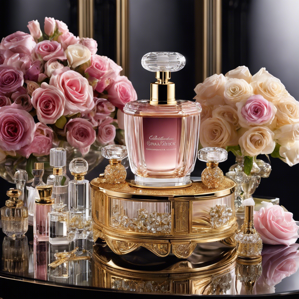 An image of a lavish vanity table adorned with crystal perfume bottles, delicate floral arrangements, and a swirling mist of captivating fragrance, inviting readers to immerse themselves in the opulent world of high-end fragrance
