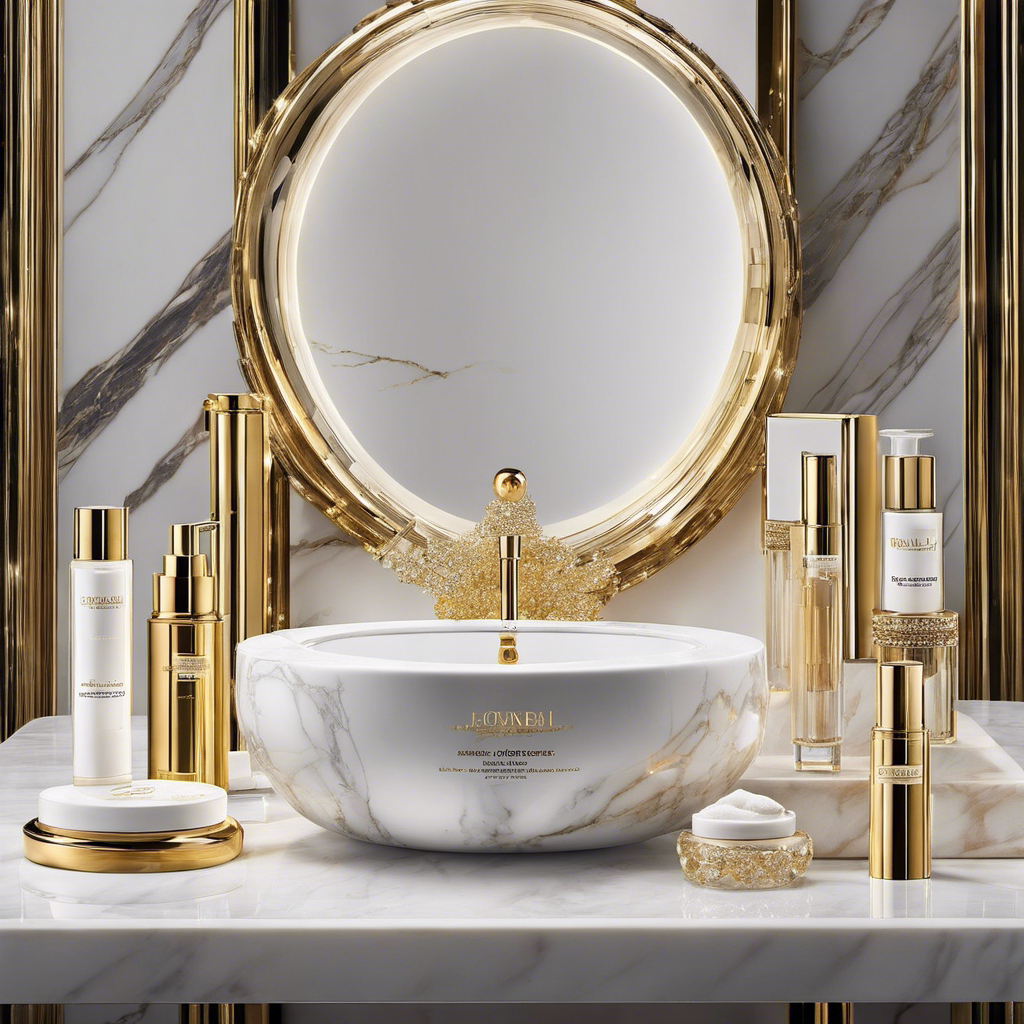 An image showcasing a pristine, marble bathroom vanity adorned with opulent high-end skincare products, including gold-infused serums, crystal-encrusted jars of luxurious moisturizers, and sleek, high-tech beauty devices