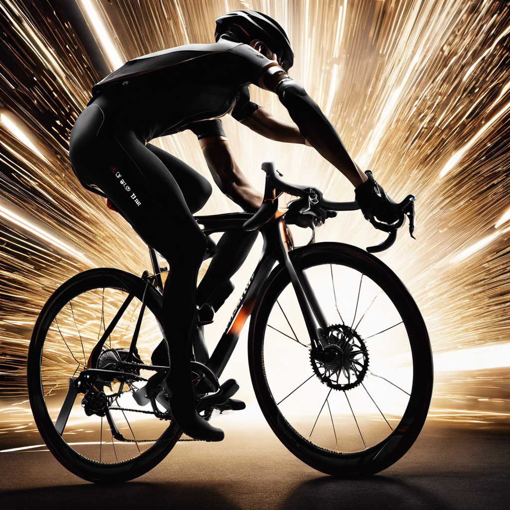 An image showcasing a sleek, high-end bicycle with disc brakes in action: a rider gripping the handlebars, brake levers engaged, as the rotating disc stops abruptly with sparks flying, emphasizing the superior stopping power of these cutting-edge brakes