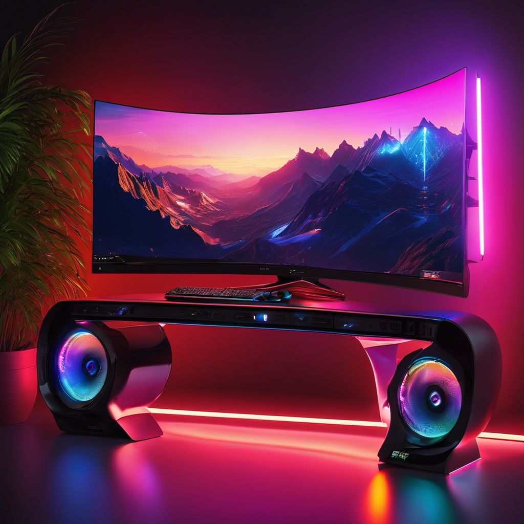 An image showcasing a sleek, futuristic gaming setup with an ultra-wide, curved monitor surrounded by thin bezels, displaying vibrant, lifelike visuals