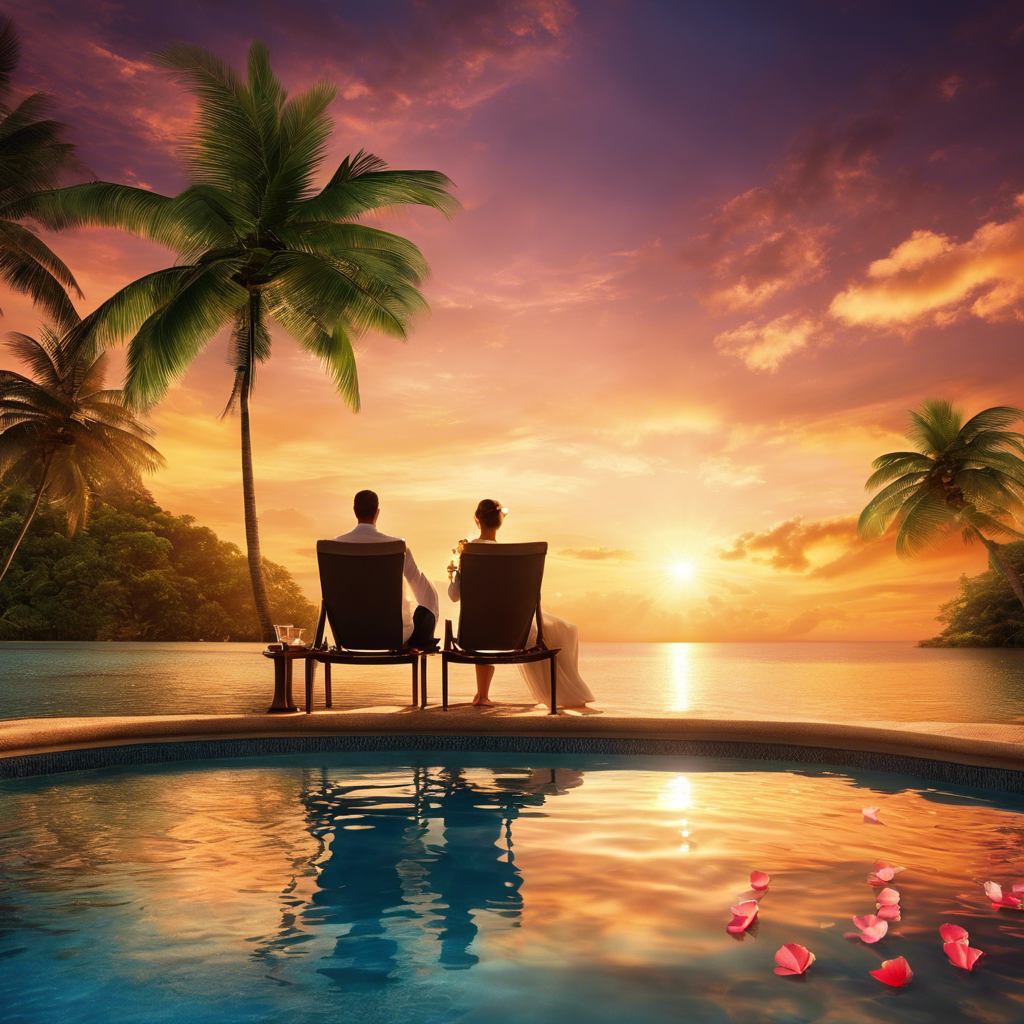 An image showcasing a couple relaxing in a private infinity pool overlooking a breathtaking sunset on a luxurious tropical island, surrounded by lush palm trees and adorned with champagne glasses and floating flower petals