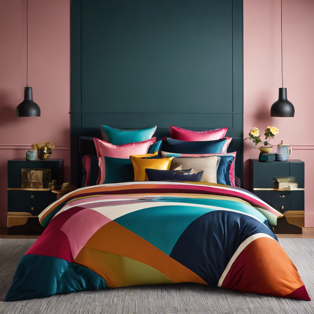 An image showcasing a colorful, minimalist bedroom with a luxurious, high-quality bedspread, surrounded by a few carefully selected and tastefully arranged decorative items, highlighting the idea of living luxuriously while embracing simplicity