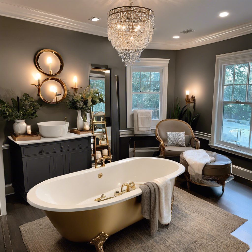 An image showcasing a beautifully designed, DIY home spa: a serene bathroom with a clawfoot tub, adorned with flickering candles, plush towels, and luxurious bath products, exuding relaxation and opulence