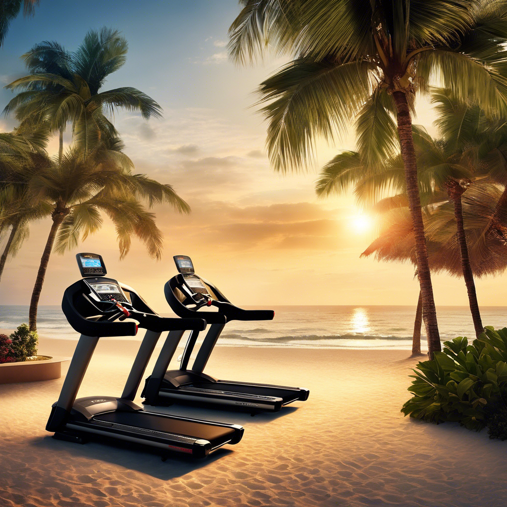 An image showcasing a serene beach, adorned with palm trees and a luxurious private fitness center