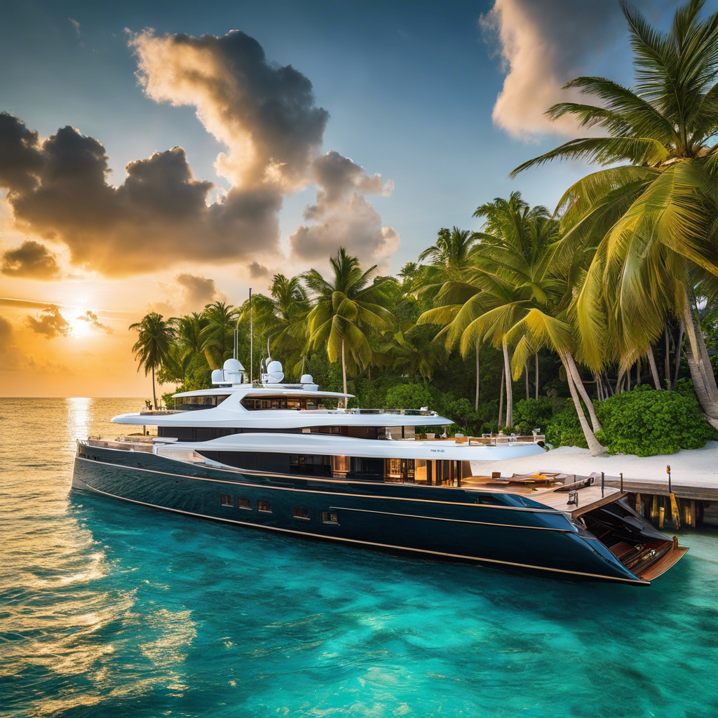 An image of a private yacht anchored in the crystal-clear waters of the Maldives, surrounded by lush palm trees and luxurious overwater villas, capturing the essence of indulgent travel experiences for wanderlust-filled dreamers
