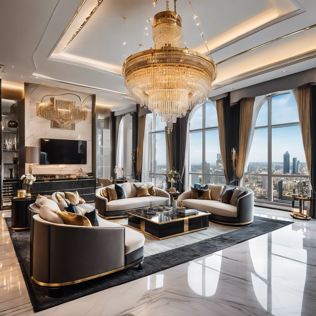  an image of an impeccably styled living room with plush velvet sofas, adorned with golden accents, crystal chandeliers illuminating intricate marble floors, and floor-to-ceiling windows showcasing breathtaking city views