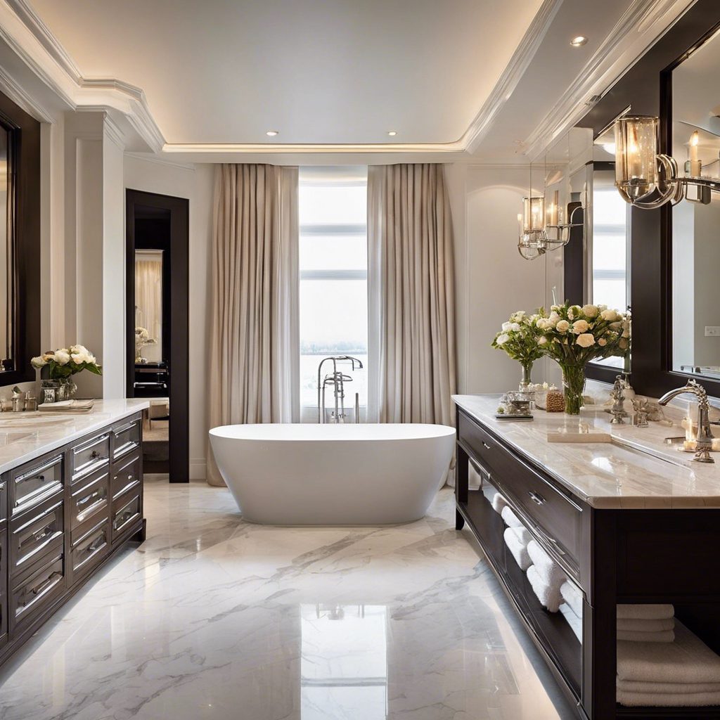 An image of a spacious bathroom adorned with sleek marble countertops, a large freestanding bathtub surrounded by flickering candles, plush towels neatly folded on a chrome towel rack, and soft ambient lighting