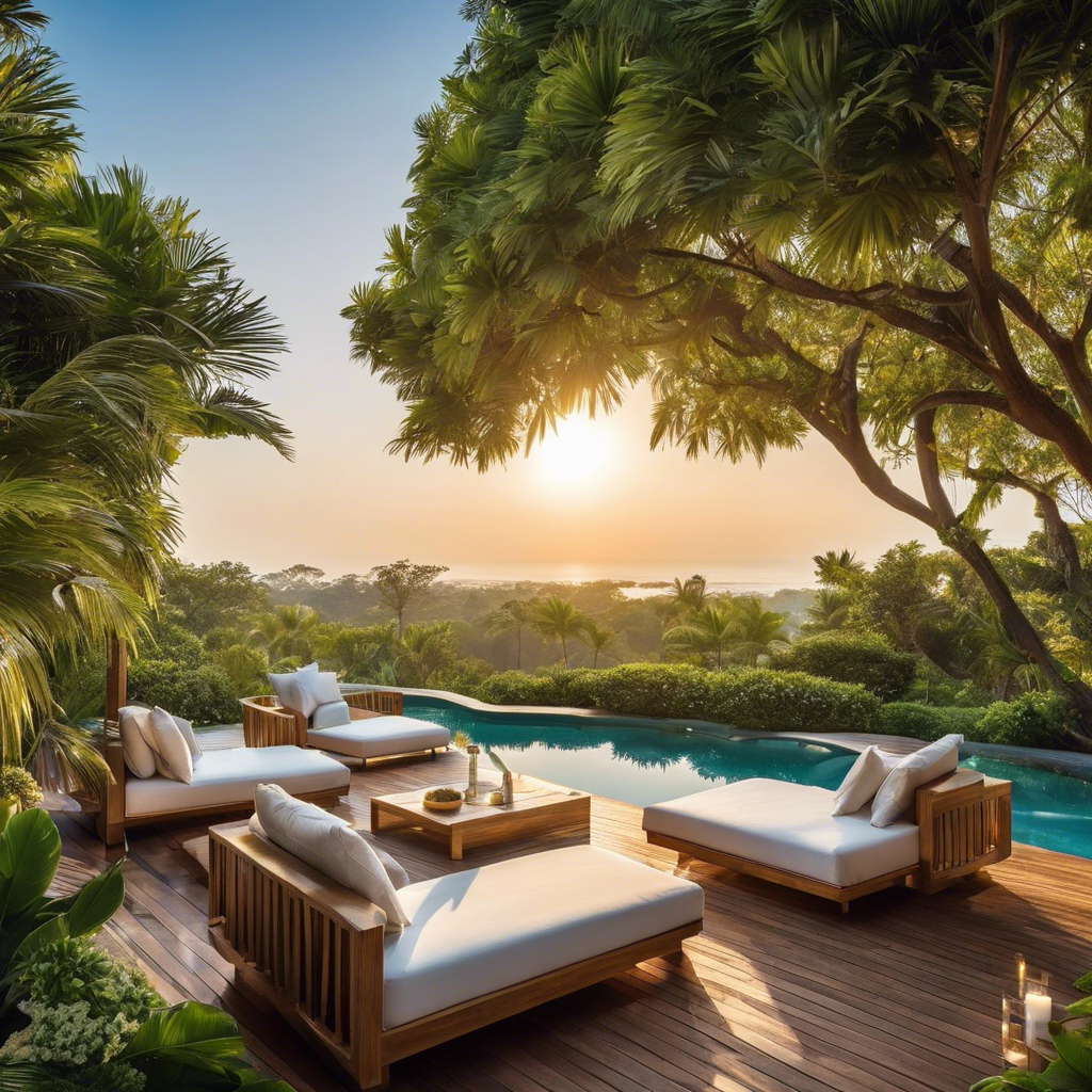 An image showcasing a serene outdoor oasis: a spacious wooden deck adorned with plush loungers and elegant daybeds, surrounded by lush greenery and a shimmering pool, all bathed in warm golden sunlight