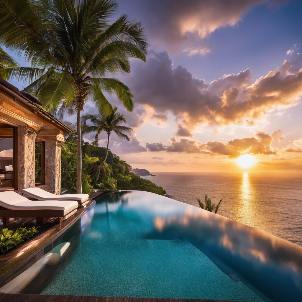 An image that showcases opulence and extravagance: a breathtaking sunset over a private infinity pool, surrounded by palm trees and a pristine beach, with a luxurious villa perched on a cliff in the background