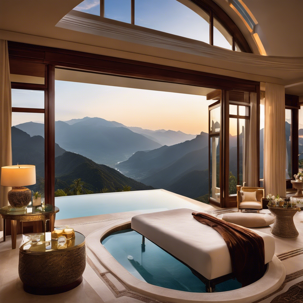 An image capturing the epitome of opulence and relaxation: a lavish spa retreat featuring a panoramic view of serene mountains, a crystal-clear infinity pool, and plush loungers adorned with fluffy towels and refreshing beverages