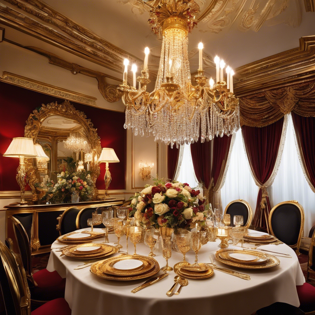 An image capturing an opulent dining room adorned with sparkling crystal chandeliers, a long mahogany table draped in silk, exquisite china place settings, and a lavish golden candelabra casting a warm glow on a meticulously plated gourmet meal