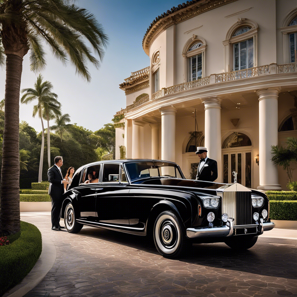 An image showcasing an elegant chauffeur opening the door of a sleek black Rolls-Royce, while a well-dressed couple steps out, surrounded by a backdrop of a luxurious mansion and palm trees