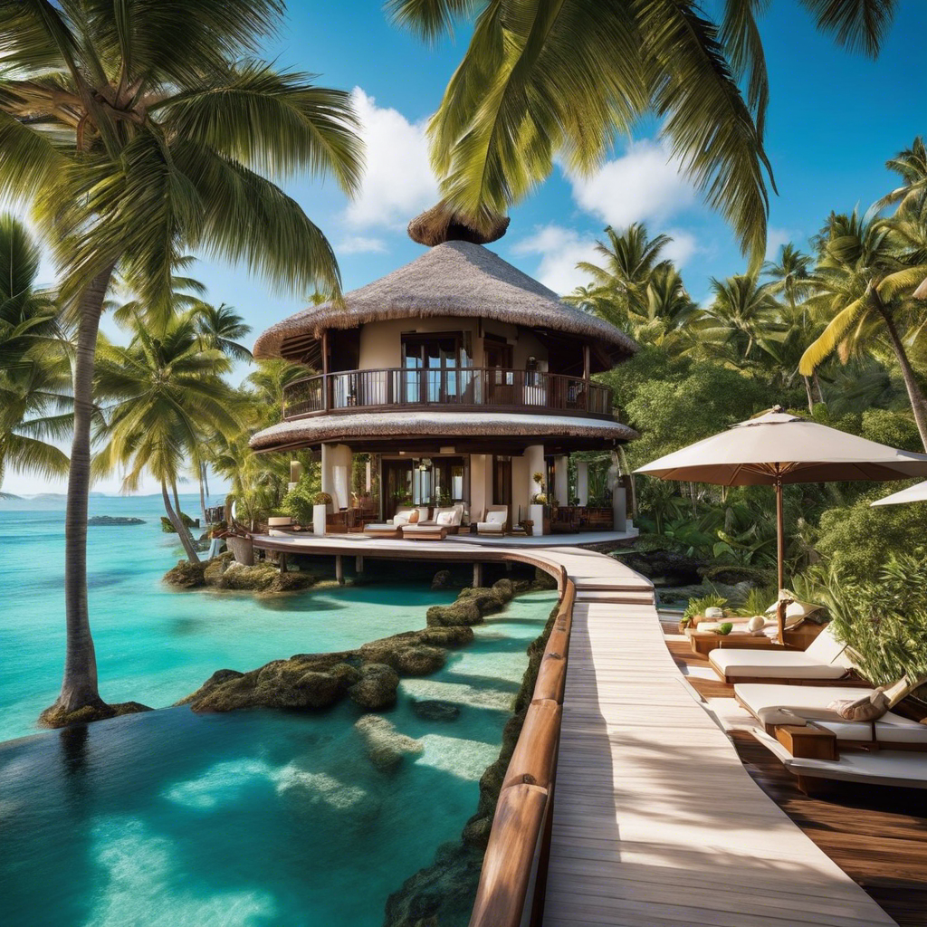 An image showcasing a breathtaking private island resort, surrounded by crystal-clear turquoise waters, palm trees swaying in the gentle breeze, and luxurious villas nestled amidst lush tropical gardens