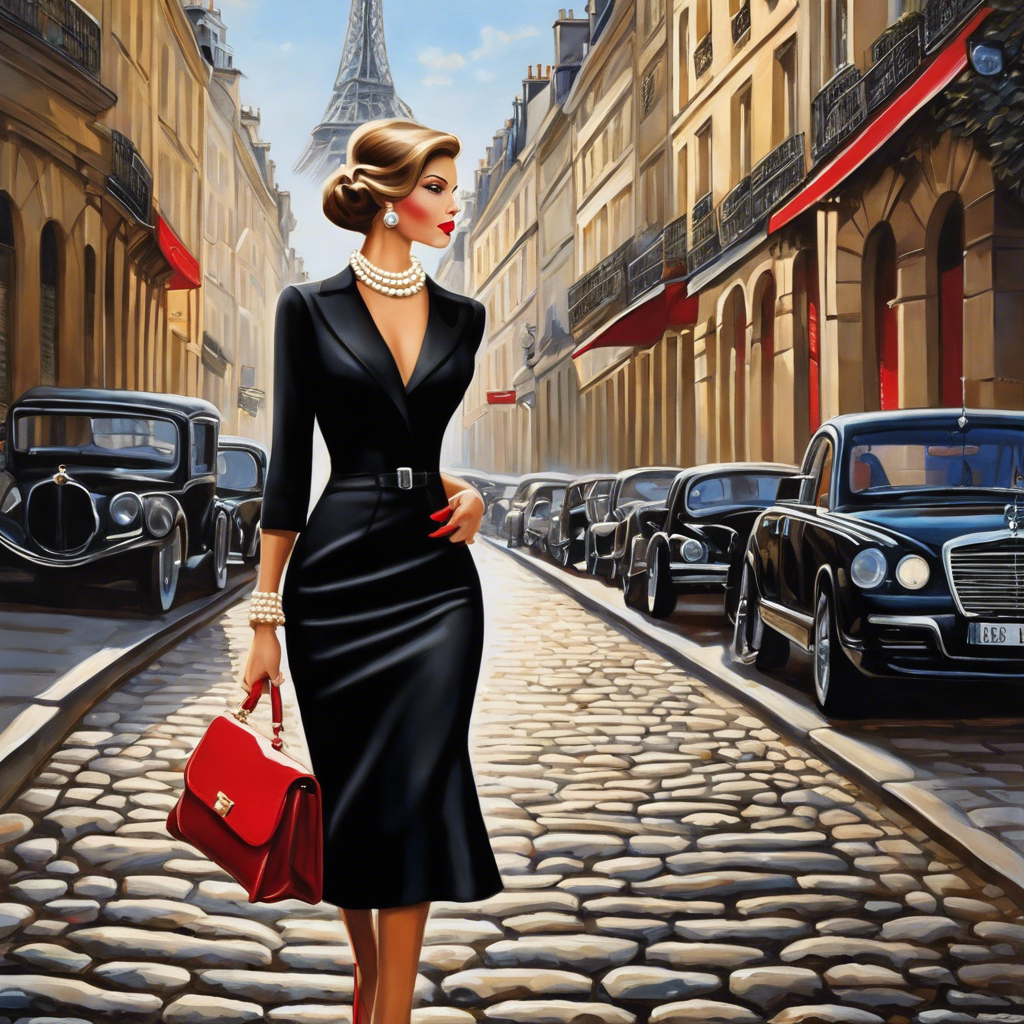 An image featuring an elegant woman in a chic, tailored black dress, accessorized with a pearl necklace, designer handbag, and classic red-soled stilettos, confidently striding down a cobblestone street in Paris