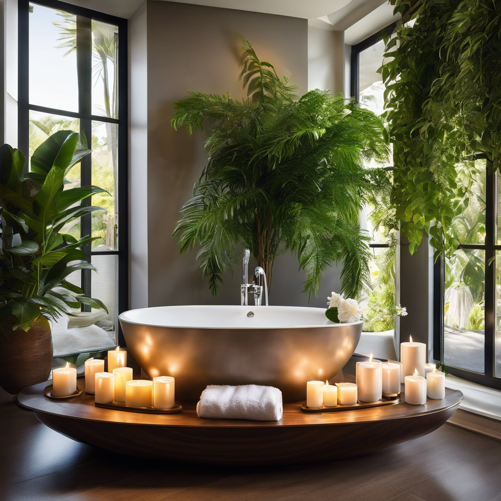 An image of a bathroom oasis: a sleek, modern bathtub surrounded by soft, fluffy towels and scented candles