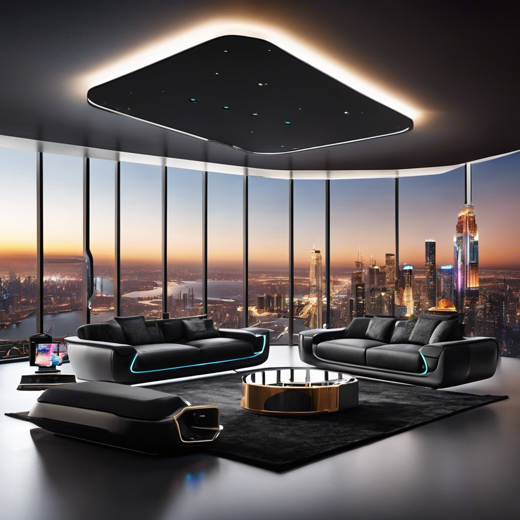 An image showcasing a sleek, futuristic living room with a panoramic view of a city skyline, adorned with a crystal-clear, wall-mounted OLED TV, a state-of-the-art wireless surround sound system, and a luxurious VR gaming setup