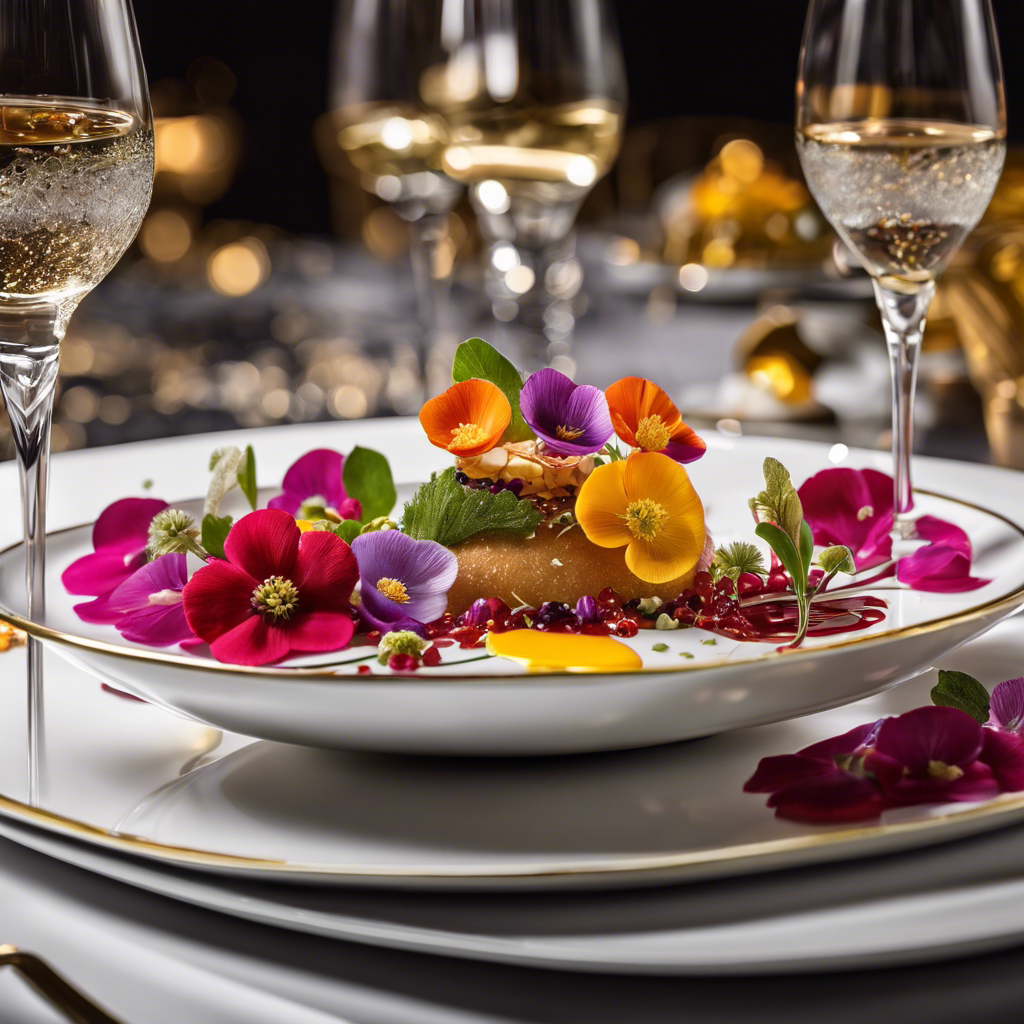 An image showcasing a beautifully set table with exquisitely plated dishes, adorned with delicate edible flowers and drizzles of rich sauces