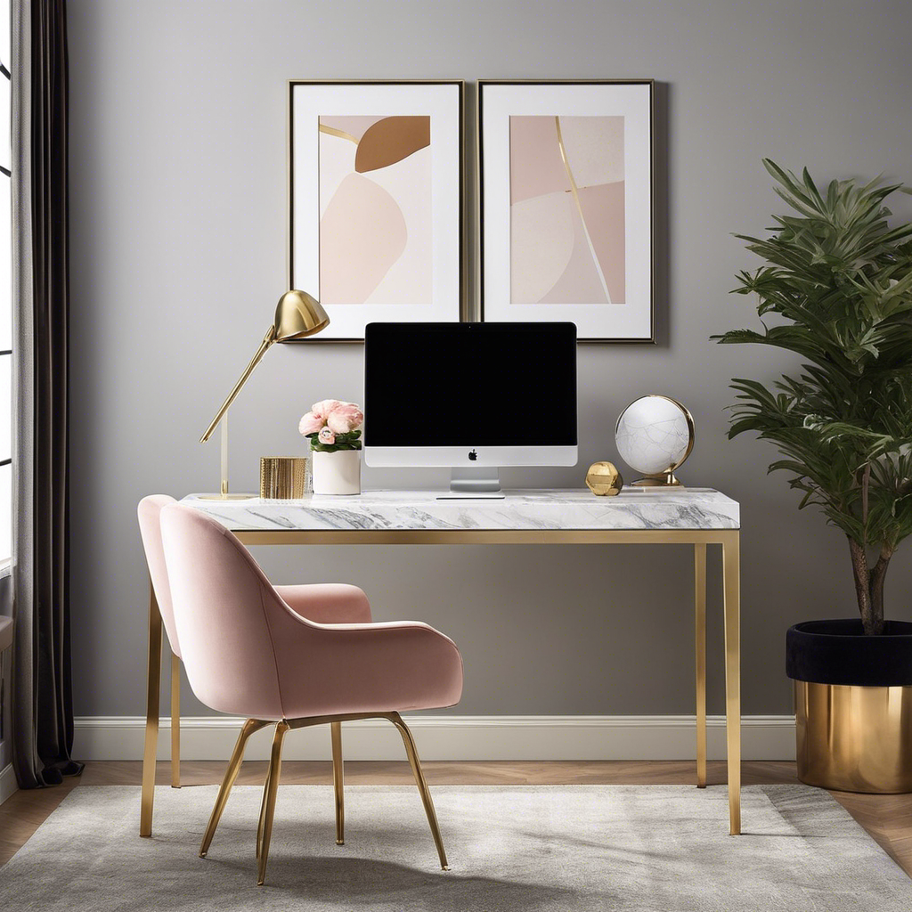 An image showcasing a sleek, minimalist home office with a marble-top desk bathed in natural light