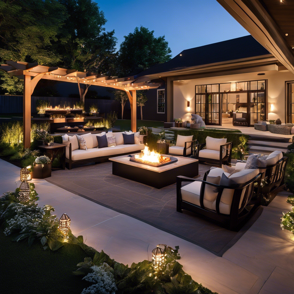 An image showcasing a breathtaking outdoor living area, complete with a designer lounge set, cozy fire pit, elegant lighting, and lush greenery