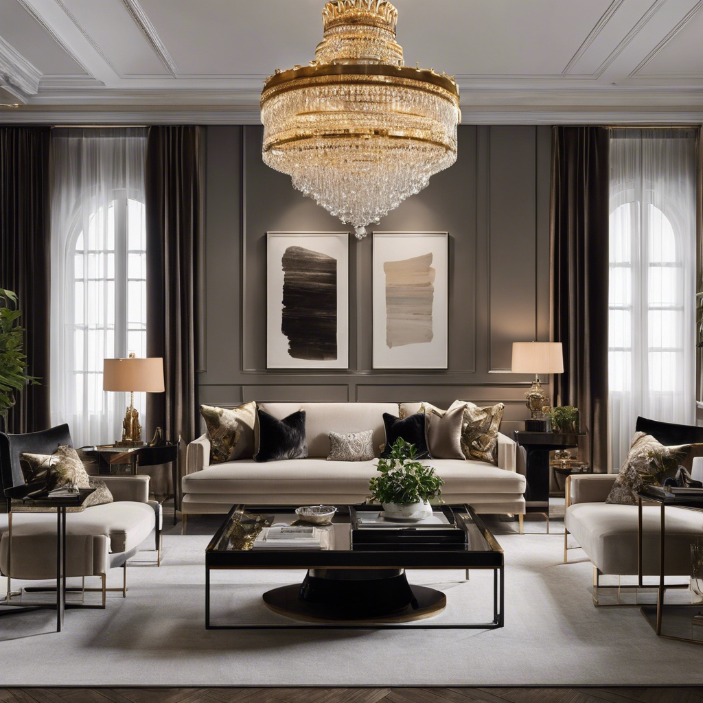 An image showcasing an elegantly furnished living room, with a harmonious blend of plush velvet furniture, ornate chandeliers casting a warm glow, and a carefully curated gallery wall displaying tasteful art pieces for a sophisticated ambiance