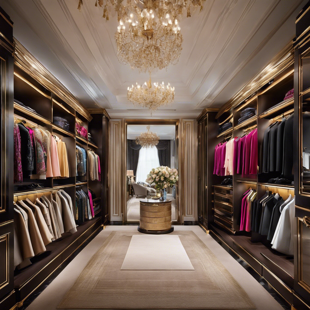 An image showcasing a lavish walk-in closet filled with opulent designer clothing, shoes, and accessories