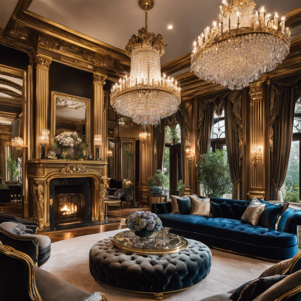 An image of an opulent living room adorned with plush velvet furniture, gilded accents, and crystal chandeliers