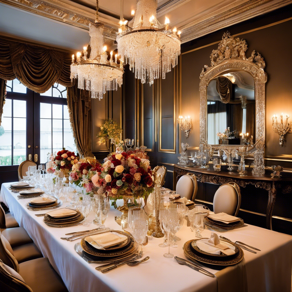 An image showcasing an opulent dining room adorned with a grand crystal chandelier, a long mahogany table draped in exquisite silk linens, ornate silverware, and elegant floral centerpieces, beckoning guests to indulge in a lavish feast fit for royalty