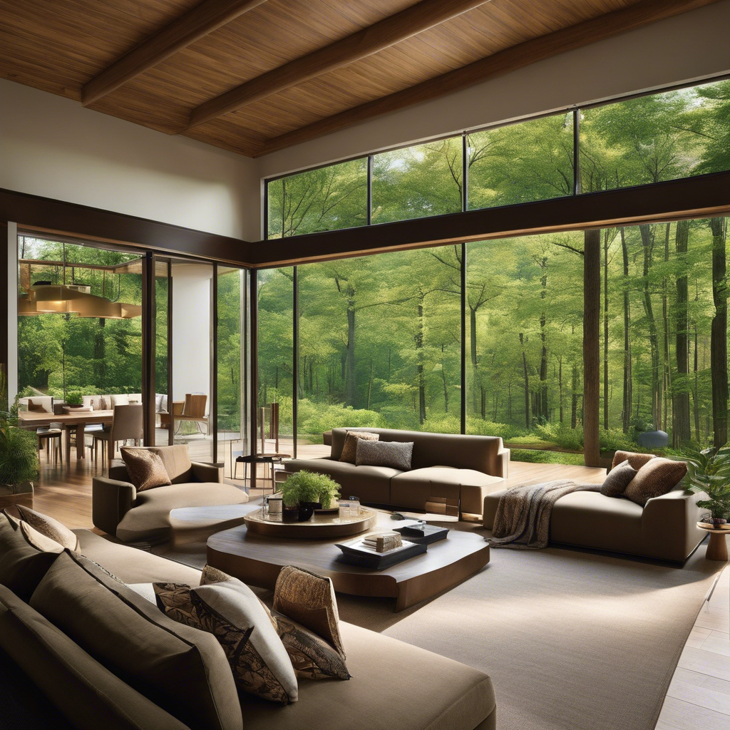 An image capturing a serene living room with floor-to-ceiling windows, offering a panoramic view of a lush green forest
