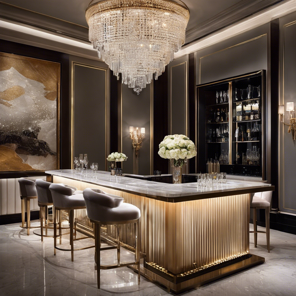 An image showcasing a glamorous entertainment area: a sleek, marble-topped bar with glistening crystal decanters, plush velvet seating, and a dazzling chandelier overhead, illuminating an inviting space for elegant gatherings