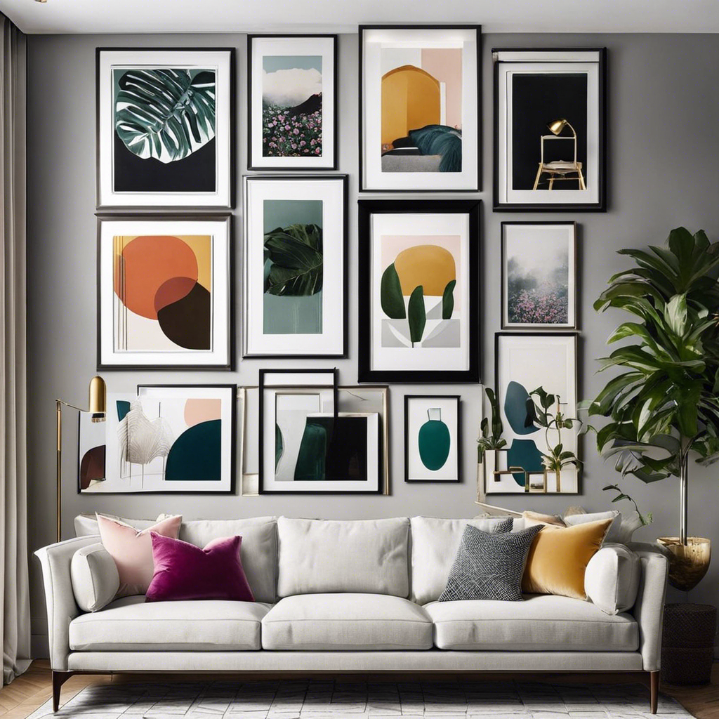 An image showcasing a chic living room with a stunning DIY gallery wall, featuring eclectic frames, vibrant artwork, and lush potted plants, illustrating how you can effortlessly elevate your home decor on a budget