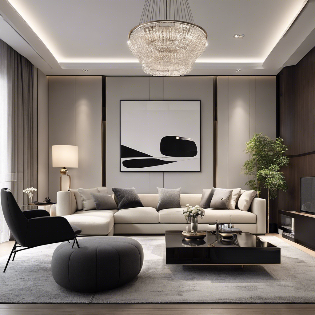 An image showcasing a minimalist living room: a sleek, clutter-free space adorned with a statement piece, neutral color palette, clean lines, and strategic lighting, exuding elegance and luxury on a budget