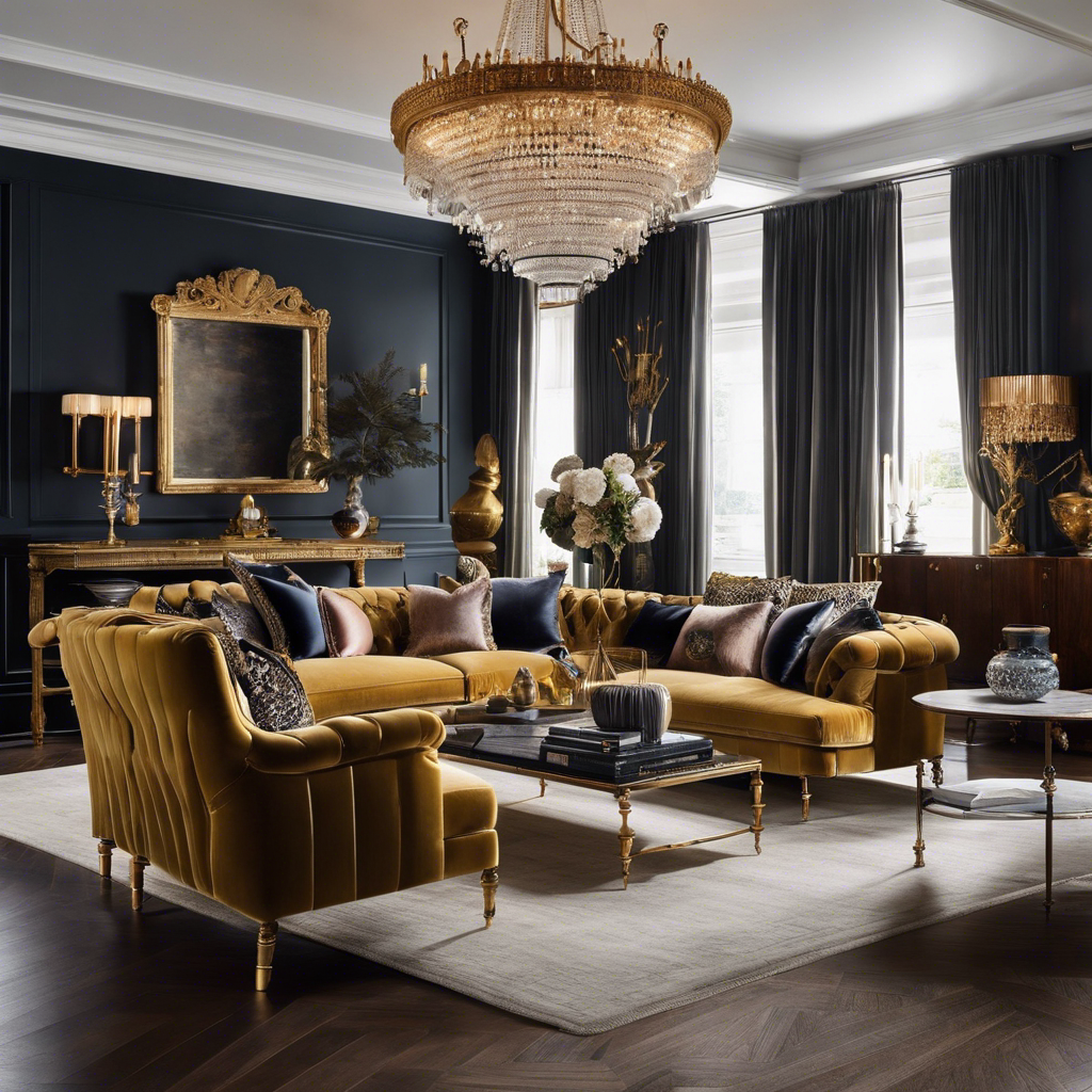 An image showcasing a well-curated, elegant living room with a plush velvet sofa adorned with vintage silk pillows, a gilded antique mirror, and a statement chandelier, encapsulating the essence of thrifty luxury living