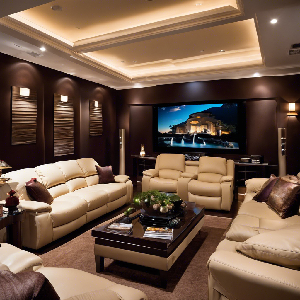 An image showcasing a lavish, contemporary living room with sleek, leather recliners facing a state-of-the-art home theater system