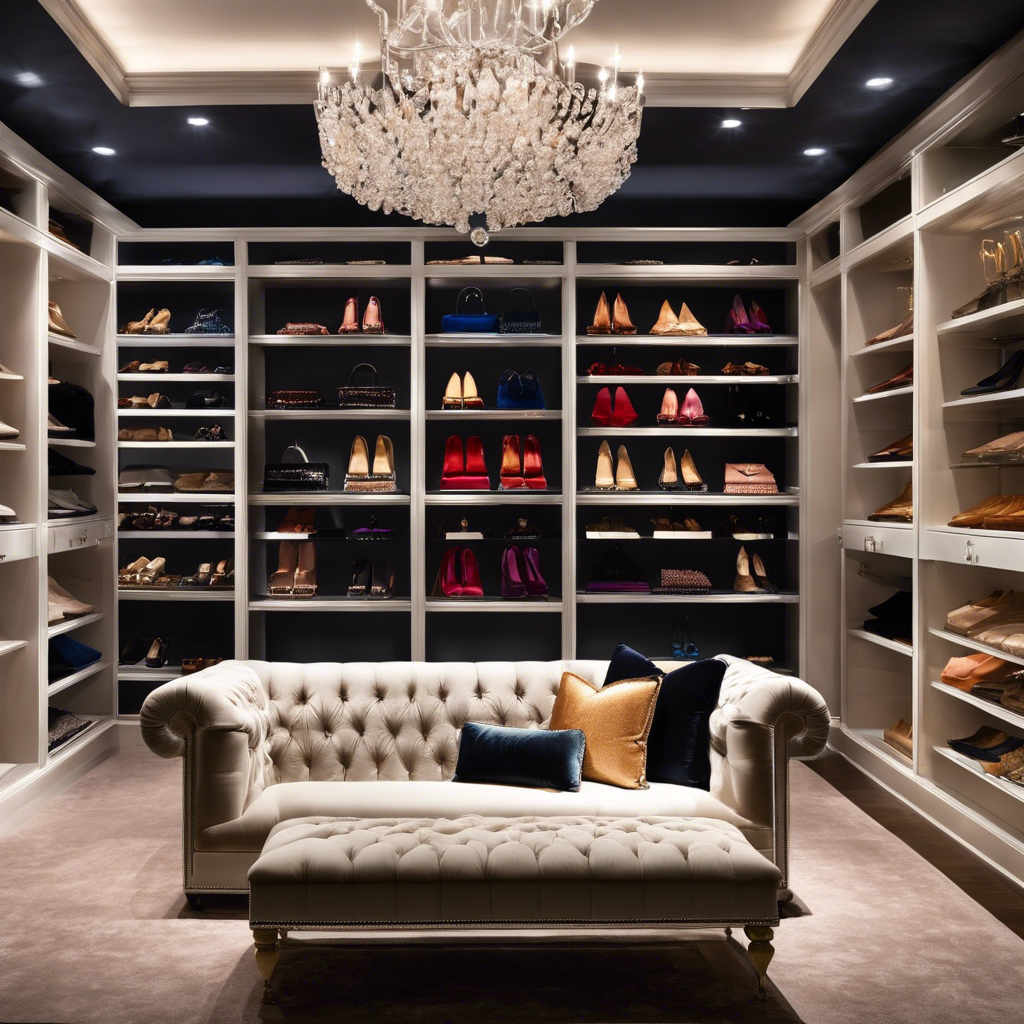 An image showcasing a spacious walk-in closet filled with exquisite designer garments, organized meticulously by color and style