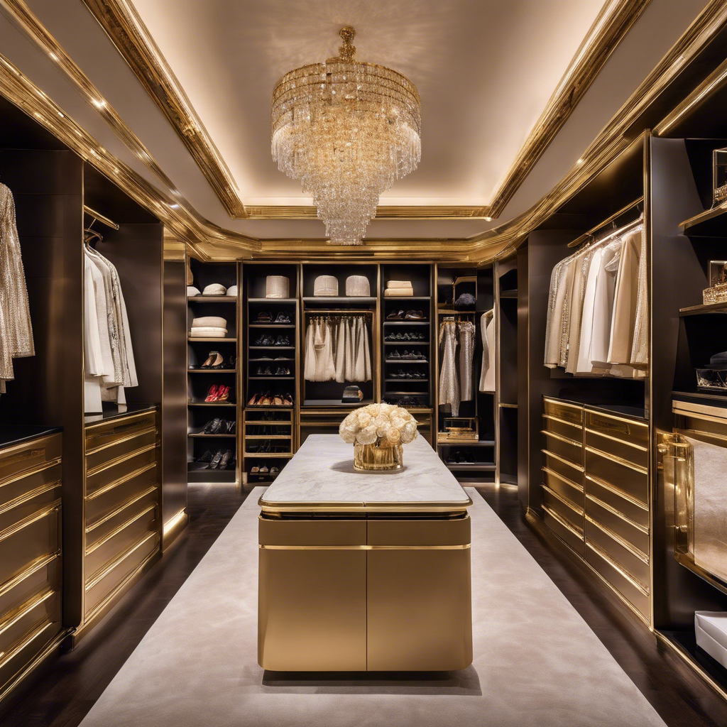 An image showcasing a lavish walk-in closet filled with designer clothes, shoes, and accessories