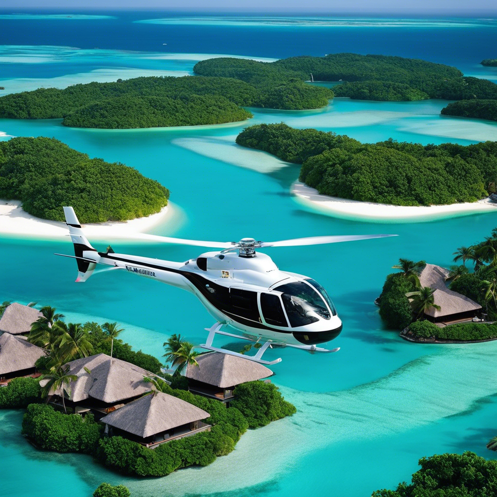 An image showcasing the ultimate luxury travel experience of 2024: a private helicopter hovering over a stunning turquoise lagoon, with a luxurious floating villa adorned with infinity pools, surrounded by lush tropical islands and vibrant coral reefs