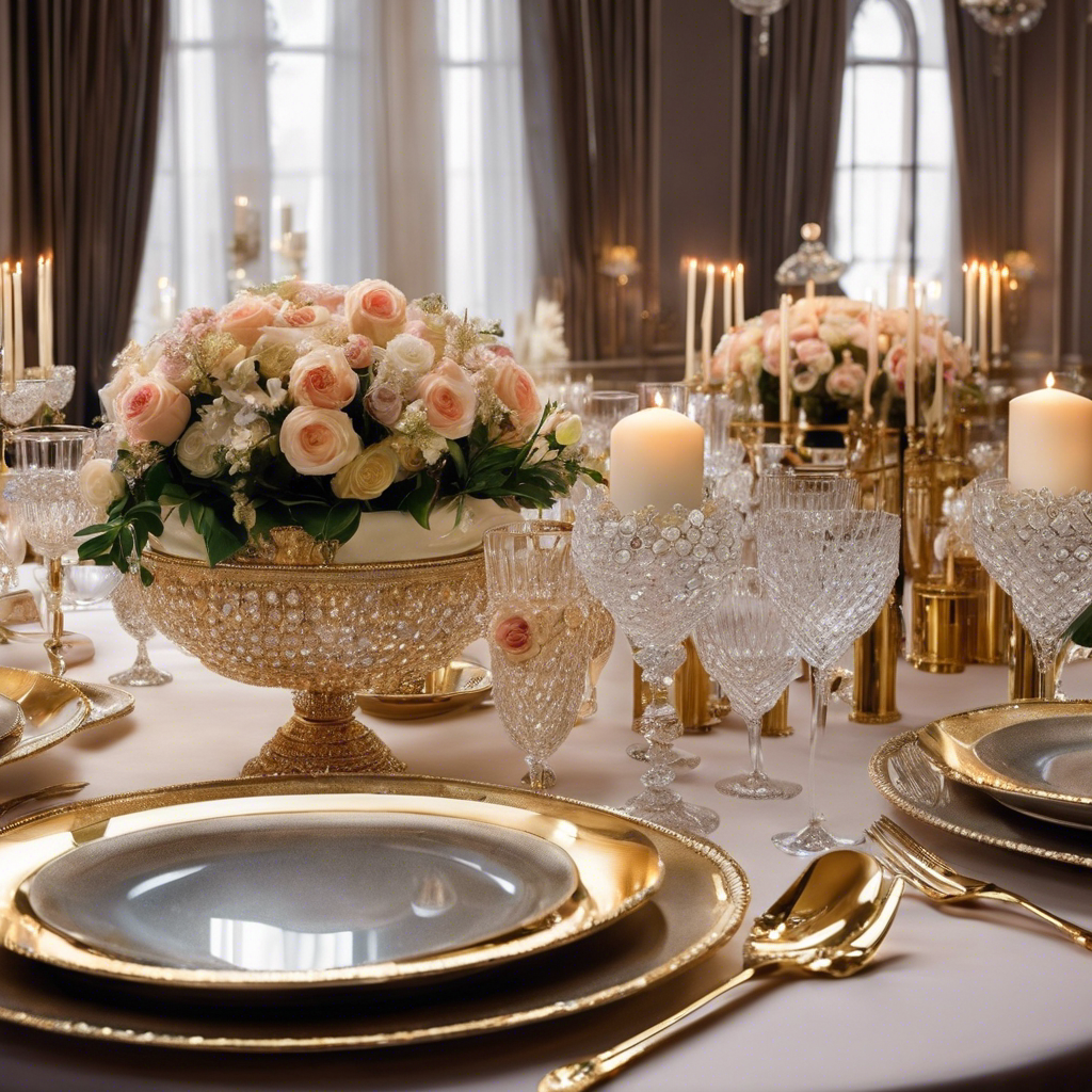 An image showcasing an opulent dining table adorned with sparkling crystal glasses, delicate china, and lavish flower arrangements, surrounded by elegantly dressed guests engaged in lively conversation, exuding an air of sophistication and luxury