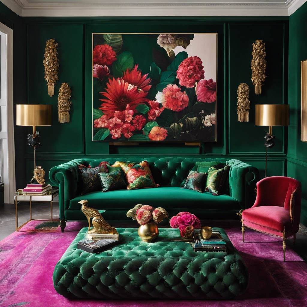 An image showcasing an impeccably designed living room: a plush velvet sofa in a rich emerald shade, complemented by a marble coffee table adorned with a curated collection of art books and a statement vase of exotic flowers