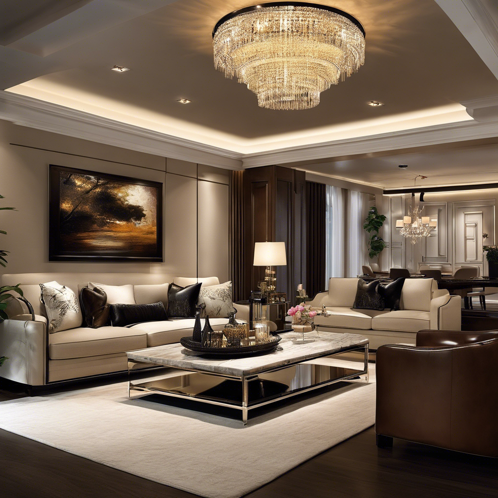 An image showcasing a beautifully furnished living room with a plush, leather sofa, a sleek marble coffee table, and an elegant chandelier casting a warm glow