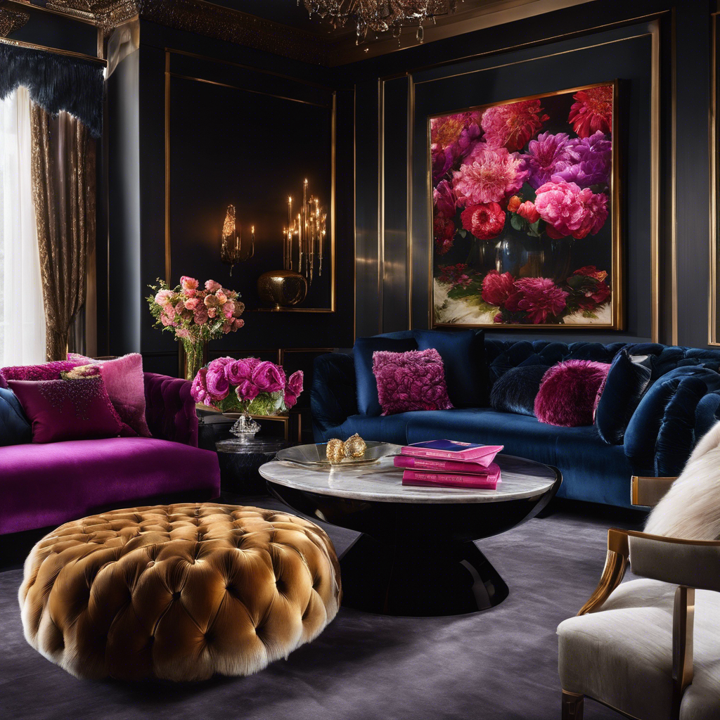 An image showcasing opulent textures: a plush velvet armchair with glistening silk pillows, a marble coffee table adorned with a crystal vase filled with vibrant flowers, and a fluffy cashmere throw draped over a lavish leather sofa