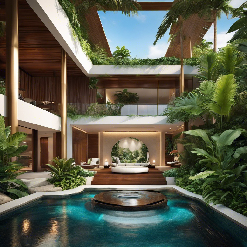 An image showcasing a lavish home spa with a sunken jacuzzi surrounded by lush tropical plants, cascading waterfall, and a sleek lounge area with plush, oversized loungers and a panoramic view of the ocean
