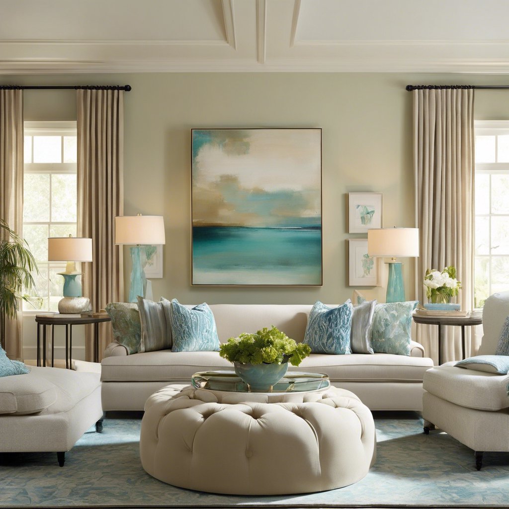 An image portraying a serene living room with a calming color scheme