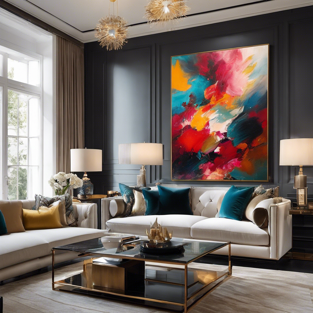 An image showcasing a grand, opulent living room adorned with a captivating large-scale abstract painting, commanding attention with its vibrant hues and dynamic brushstrokes, elevating your home into a haven of refined luxury