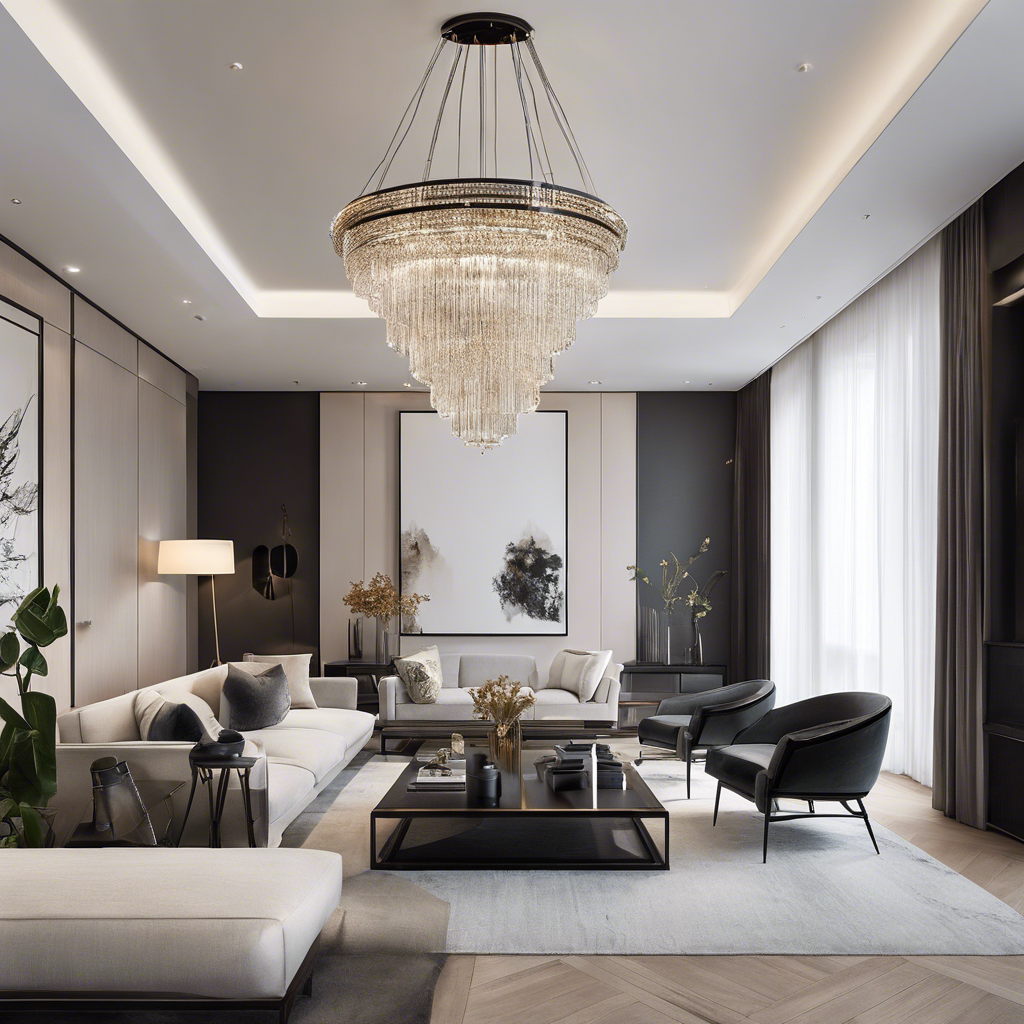An image showcasing a modern, minimalist living room bathed in natural light, featuring sleek, designer furniture, a statement chandelier, and curated art pieces adorning the walls, exuding elegance and sophistication
