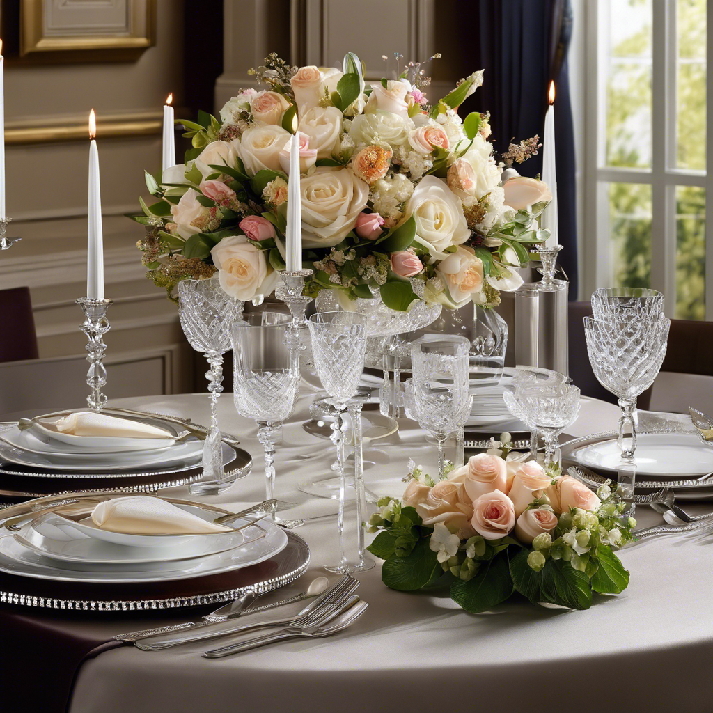 An image showcasing an elegant dining table adorned with gleaming silverware, crystal glasses, and delicate porcelain plates