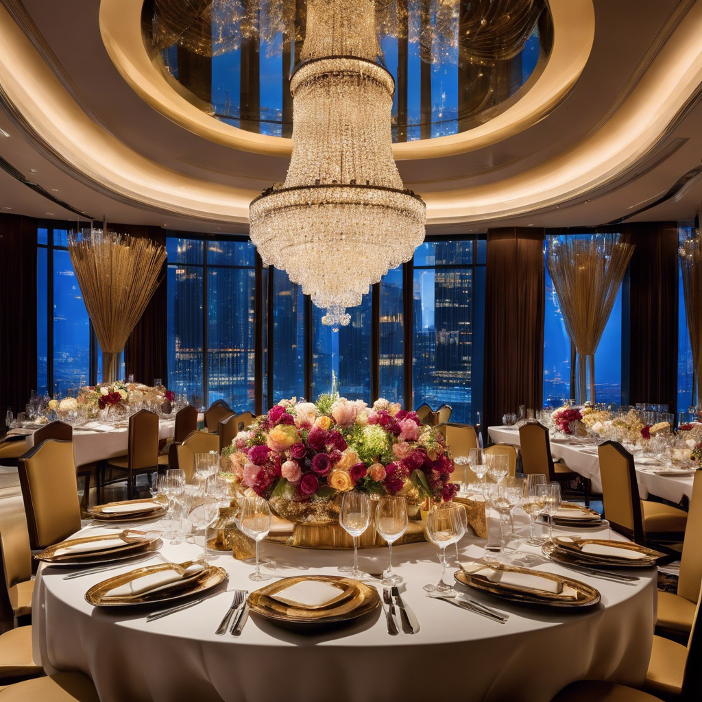 An image showcasing a sumptuous chef's table set against a backdrop of floor-to-ceiling windows, adorned with sparkling crystal chandeliers