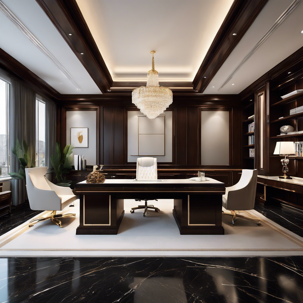 An image showcasing a sleek, modern office space adorned with opulent high-end finishes