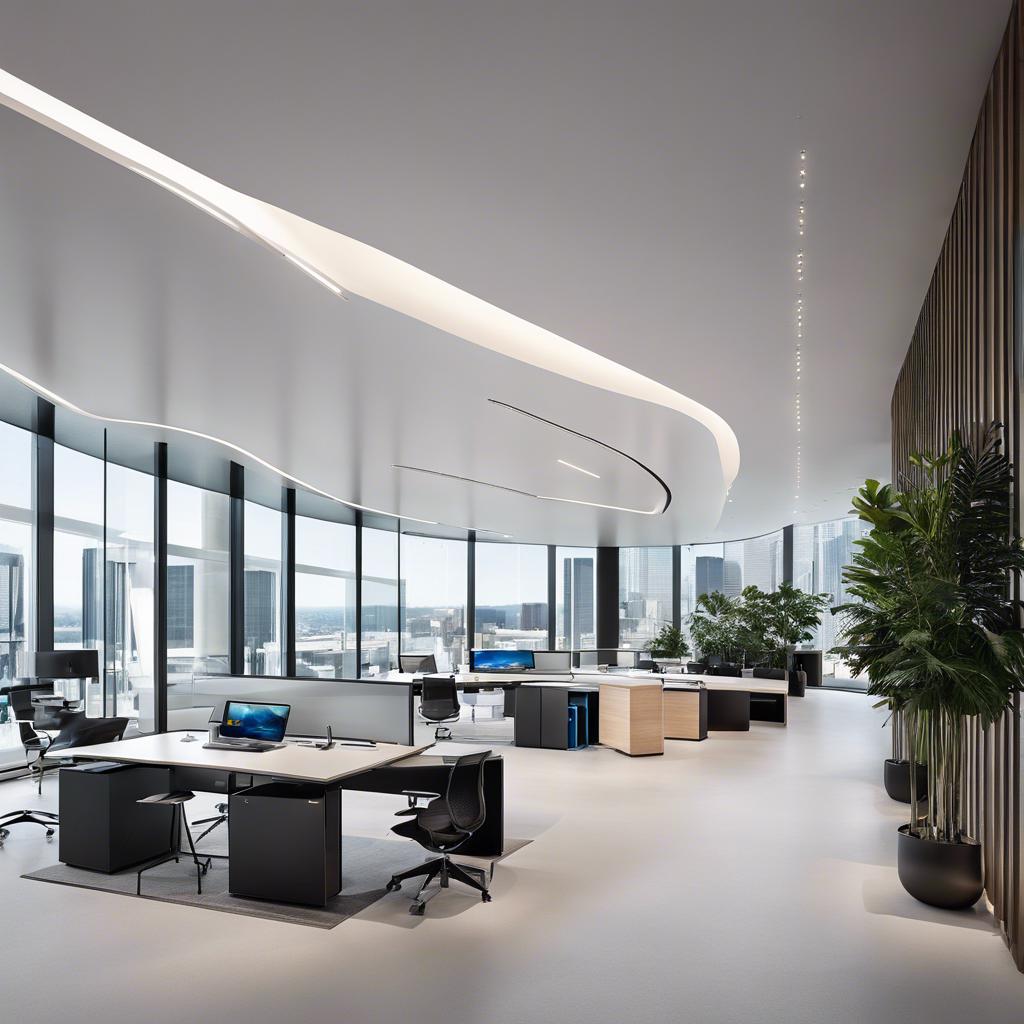 An image showcasing a sleek, minimalist office space with floor-to-ceiling glass walls, modern ergonomic furniture, and cutting-edge technology seamlessly integrated throughout, including interactive touchscreens and wireless charging stations