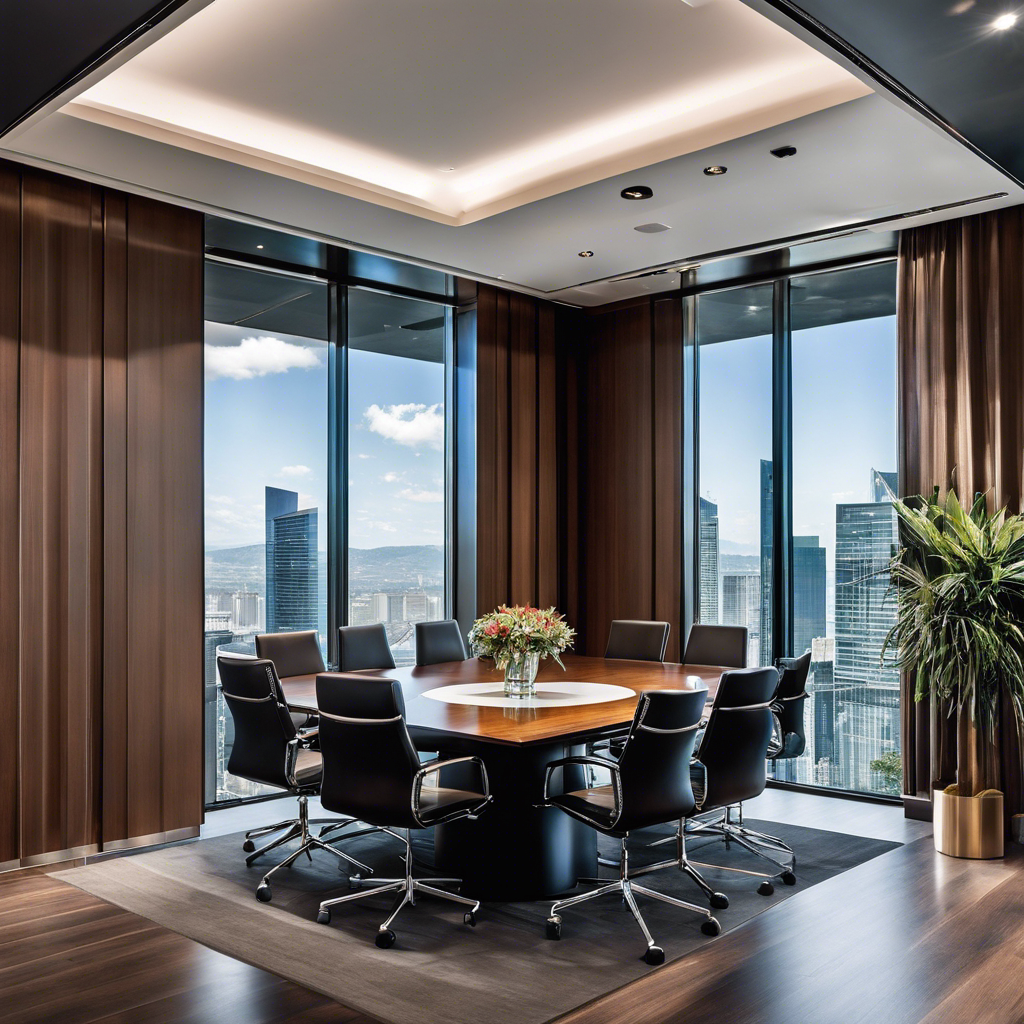 An image showcasing a sleek, contemporary meeting room with floor-to-ceiling glass walls, plush leather chairs surrounding a polished wooden table, and cutting-edge technology seamlessly integrated, exuding an atmosphere of sophistication and creativity